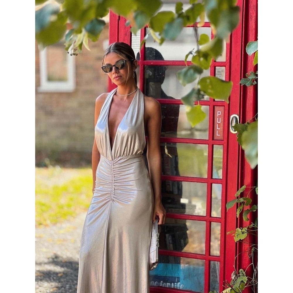 Zara Metallic Champagne Gold Halter Maxi Dress Plunge Neck Open Back XXL